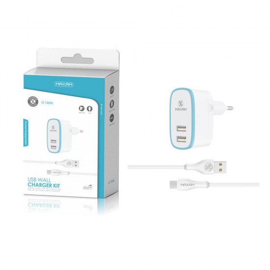 TZ-1203C Blanco/azul 2USB/2.1a 1tipo C pack de cargador de pared