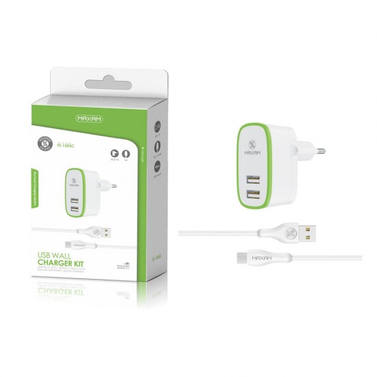 TZ-1203C Blanco/verde 2USB/2.1a 1tipo C pack de cargador de pared