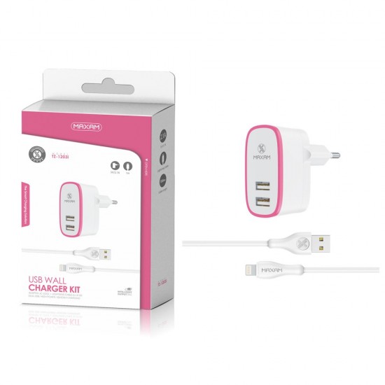 TZ-1203I Blanco/rosa 2USB/2.1a1 IPHONE pack de cargador de pared