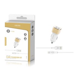 TZ-2202I Blanco y dorado 2USB/3.1a1 IPHONE cable pack de cargador de coche