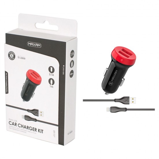 TZ-2203I Negro y rojo 2USB/3.1a 1 IPHONE USB cable pack de cargador de coche