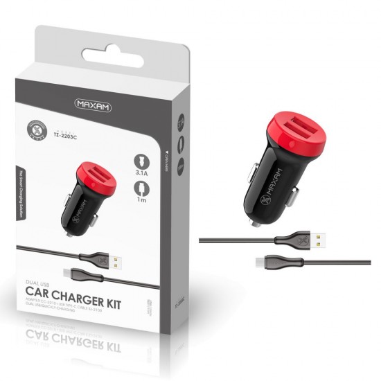 TZ-2203C C negro y rojo 2USB/3.1a 1tipo C cable pack de cargador de coche