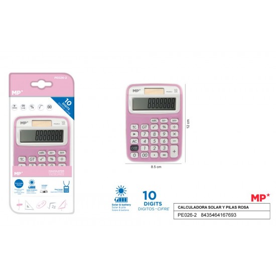 Calculadora solar y pilas rosa