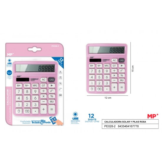 Calculadora solar y pilas rosa