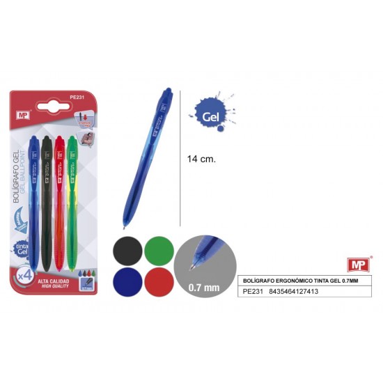 Bolígrafo tinta gel 0.7mm 4uds