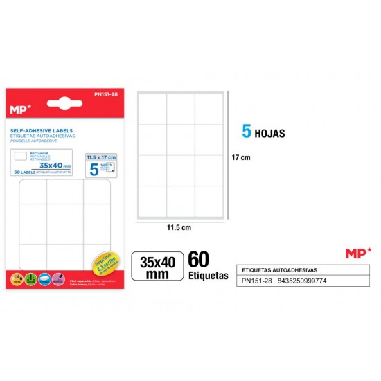 Etiquetas blancas d=35x40mm 60u 5hojas